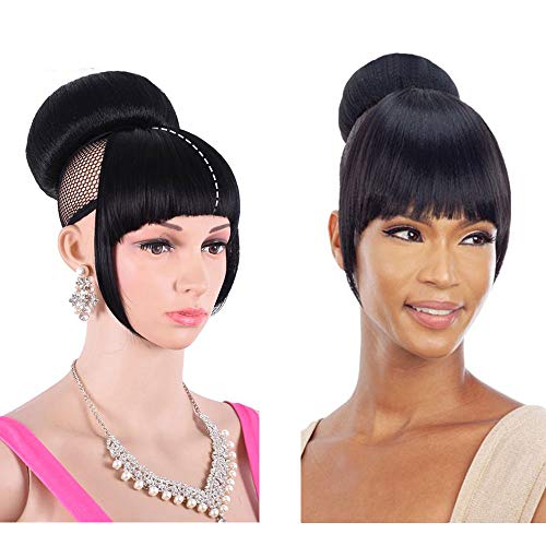 Synthetic Fake Hair Bun And Bang Set Heat Resistant Fiber Chignons HairPiece Ponytail For Women Clip in Hairpieces (Bun with Braids &bangs)
