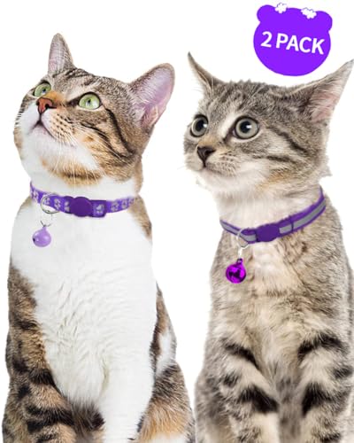 Image of Taglory Reflective Cat Collars Breakaway with Bell, 2-Pack Girl Boy Pet Kitten Collar Adjustable 7.5-12.5 Inch, Purple