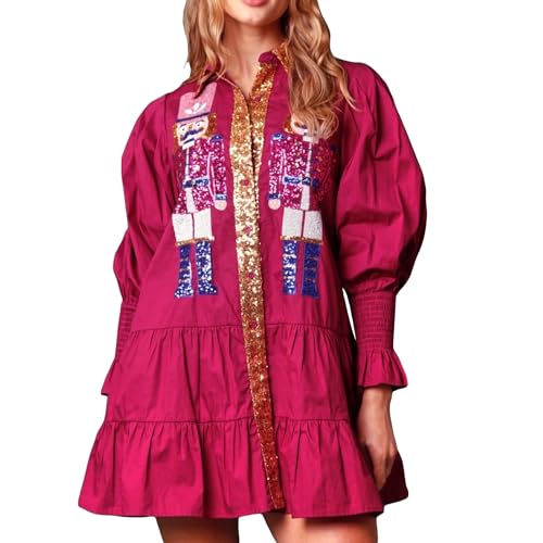 Qianderer Abito natalizio da donna, con paillettes, a maniche lunghe, con stampa Schiaccianoci glitterato, mini abito da festa, Ba Fucsia, S