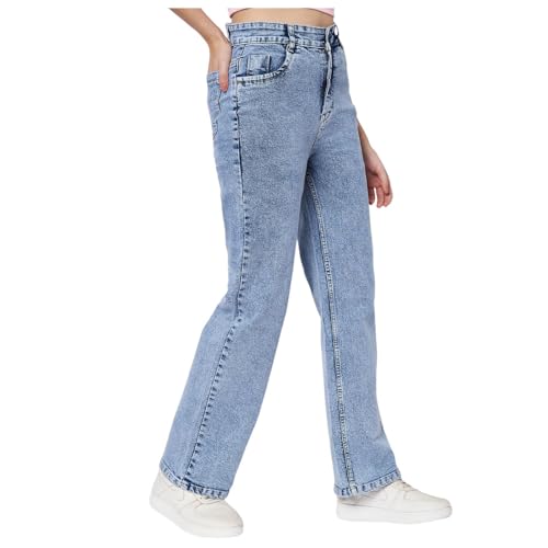 Image of Wide Leg Plain Jeans for Women & Girls I Denim Flared Straight Baggy Pant I Stretchable Comfortable High Waist Clean Look Loose Fit Pants for Office Party Home