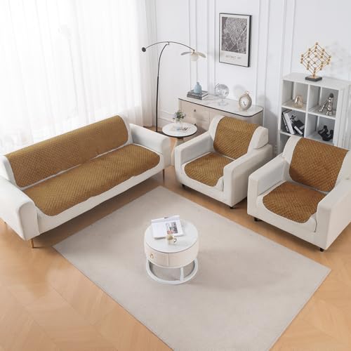Image of HOKIPO Quilted Sofa Cover 5 Seater Set (3+1+1) - Sofa Cover for Seat & Back | 'Quilt Classic' Golden (IN-927 * 2+925 * 4-GLD)
