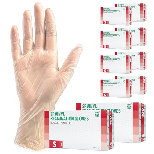 SF Guantes de vinilo desechables S transparentes – 1000 (10x100) unidades, sin polvo y sin látex, guantes desechables para limpieza, cocina y uso médico