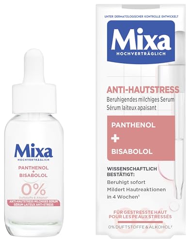 Mixa Anti-Hautstress Beruhigendes milchiges Serum – Gesichtsserum mit Panthenol & Bisabolol gegen Rötungen & Irritationen – Ultra-sanfte Pflege für gestresste Haut – Ohne Parfum & Alkohol – 30ml