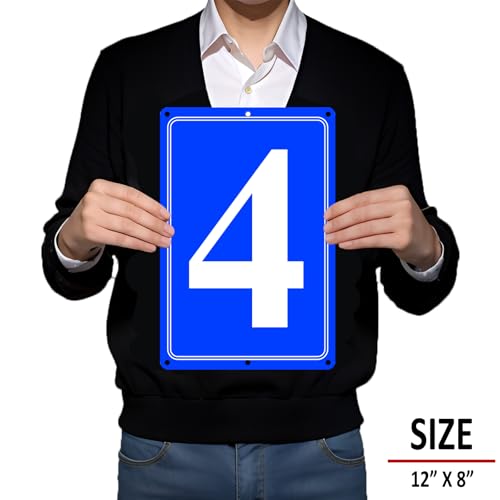 Image of Premium Aluminum Number Signs 4, Metal 12 inch X 8 inch Blue Numbered Signs Outdoor for Parking Lots, Floor, Dock, Court, Aisle, Field, High Visibility, No Fade, Weather-resistant