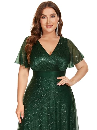 Image of Ever-Pretty Plus Women's Glitter Formal Dress Evening Gown for Gala V-Neck Short Sleeve Floor Length Plus Size Prom Dresses