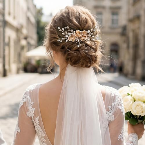 SWEETV Gold Wedding Hair Comb for Brides, Handmade Flower Pearl Rhinestone Bridal Hair Accessories, Vintage Bride Hair Clips Hair Pieces for Bridesmaids Women