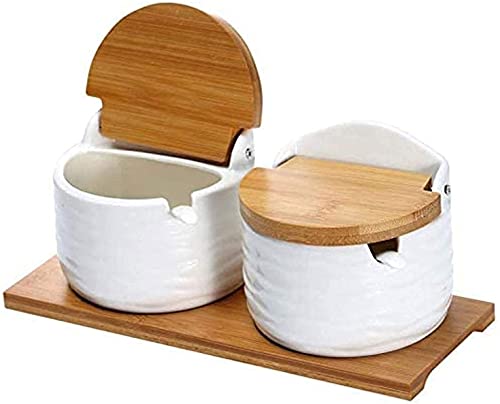 Sucrier en céramique avec couvercles et cuillères à condiments en porcelaine pot à épices, cave à sel pour cuisine, avec étiquettes de tableau (2 Pièces)