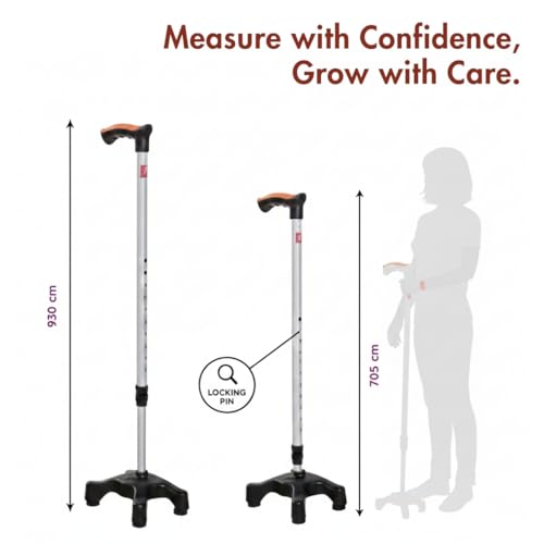 Image of Flamingo Adjustable Quadripod Walking Stick with 4-Pronged Base for Extra Stability - Foam Padded Offset Handle for Soft Grip - Works for Right or Left Handed Men or Women | Silver |
