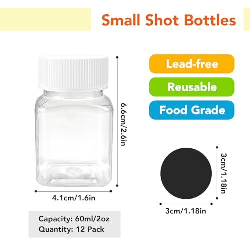 MSLHUB 12 Stk Kleine Shot Flaschen zum Befüllen, 60ml/100ml Leere Plastikflaschen Smoothie Saftflaschen zum Befüllen mit Aufkleber, Ingwer Shot Flaschen mit Deckel für Saft Milch (60 ml)