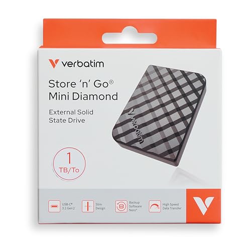 Verbatim Store 'n' Go Mini Diamond Portable SSD 1 to, USB 3.2 Gen 1 avec Adaptateur USB-C 1000 Mo/s, Compact 35 g, Transfert de données à Grande Vitesse, Logiciel de Sauvegarde Nero Backup pour PC