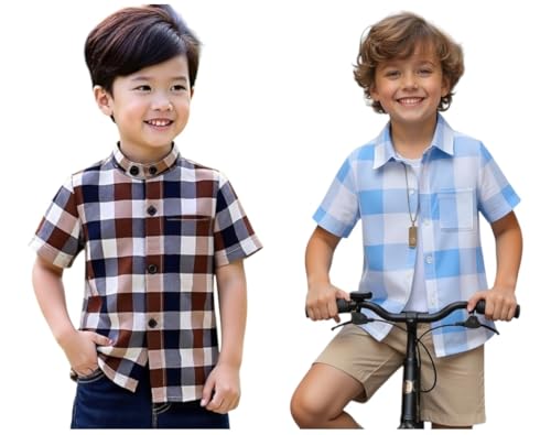 Image of Boys Short Sleeve Button Down Shirts, Plaid and Striped Pattern, Cotton Casual Tops, Pack of 2