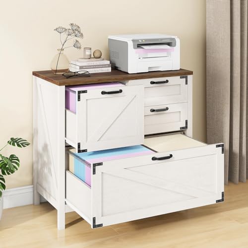Lateral File Cabinet with 4 Drawers Farmhouse File Cabinet for LetterLegalA4 Size Hanging Files Large Wood File Storage Cabinets Printer Stand for Home Office Cabinet Rustic White