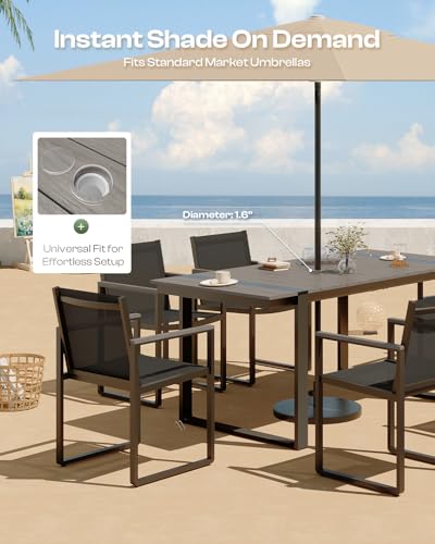Image of Outdoor Dining Set, 7 Piece Aluminum Patio Furniture Set | Weather Resistant Outdoor Table and Chairs, HDPS Tabletop with Umbrella Hole, Textilene Mesh Chairs