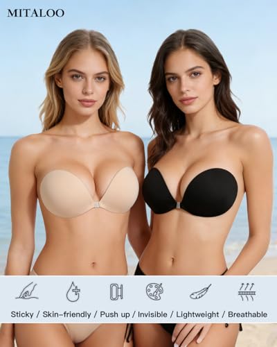 Image of MITALOO Seamless Adhesive Bra Sticky Strapless Invisible Push up Bras Silicone Backless Nipple Cover for Women Nude Black