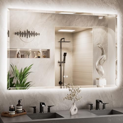 TETOTE 60 x 40 Oversized Backlit Mirror Bathroom, LED Vanity Mirror with Beveled Edge, Safe Tempered Glass, 3 Color Temperature, Anti-Fog, Dimmable, Memory Function, Wall-Mounted Vanity Mirrors