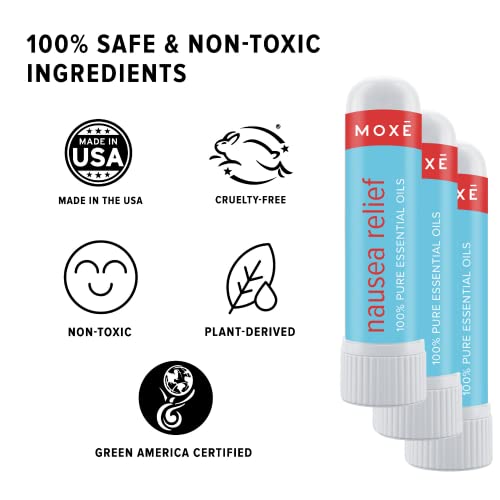 Moxe Nausea Relief Nasal Inhaler Sticks, All Natural Essential Oil Blend, Ginger, Cardamom, Peppermint, Sweet Orange, Upset Stomach, Headaches, Easy-To-Use Portable Aromatherapy, Made In Usa, 3 Pack #TOP3