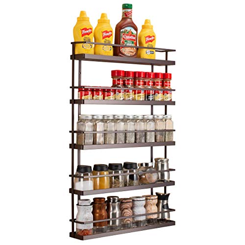 5 Tier Large Spice Rack Organizer Wall Mount - Hanging Seasoning Shelf Holder for Kitchen Cabinet Cupboard Pantry Door or Over the Stove