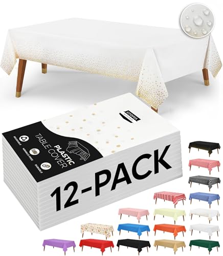 Utopia Kitchen Plastic Table Cloth Disposable (12 Pack - 54x108 Inch) White Gold Dots Rectangle Tablecloth Waterproof Stain Resistant Party Table Cover