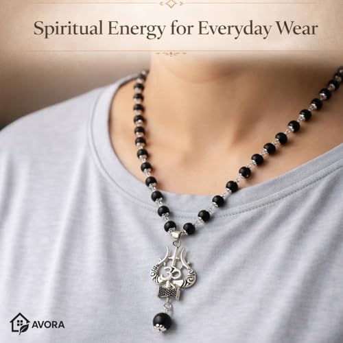 Image of AVORA Karungali Malai Original 54 Beads with Om Shiv Trishul Pendant | Ebony Karungali Mala for Meditation, Japa & Spiritual Protection | Divine Hindu Mala for Men & Women