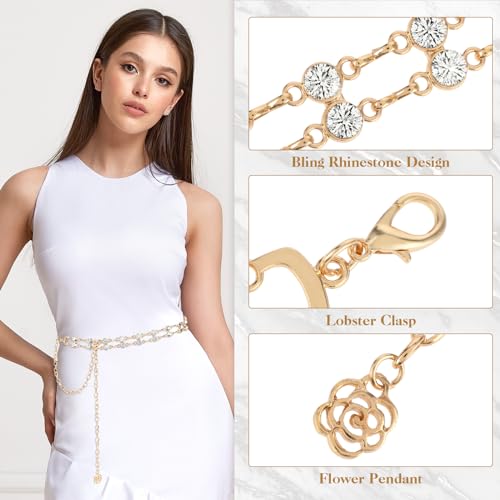 Women Rhinestone Chain Belt, Crystal Link Belt Metal Dress Belt Adjustable Skinny Waist Chain Belt (Gold)3