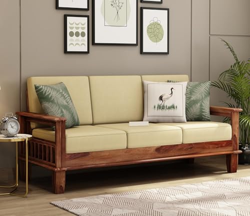 Image of Sheesham Wooden 3 Seater Sofa for Living Room | Rosewood 3 Seater Cushion Sofa with Side Newspaper Holder for Home & Office | Solid Wood Sofa Set for Lounge (Honey, 3 Seater)