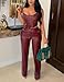 WOKANSE 2 Piece Club Outfits for Women Faux Leather PU Sleeveless Tube Tops and Straight Wide Leg Pants Trousers Sets Red M