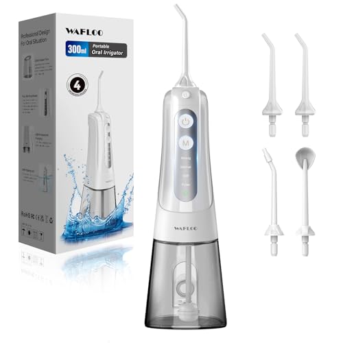 WAFLOO Munddusche Kabellos Elektrisch, Tragbarer Water Flosser mit 5 Modi & 4 Jet-Düsen, 300ML Wassertank, IPX7 Wasserdicht, Testsieger 2025 für Implantate, Familien & Reisen