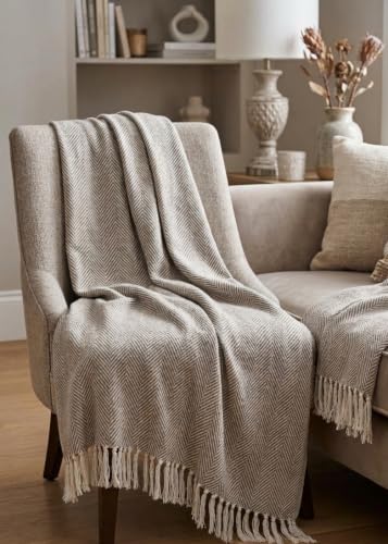 Image of Soft Throw Blanket | Used Both Indoor and Outdoor | Blanket for Living Room | Bedroom | Hall | Kids Room | Sofa and Bed or Chair Throw (Zigzag Beige)