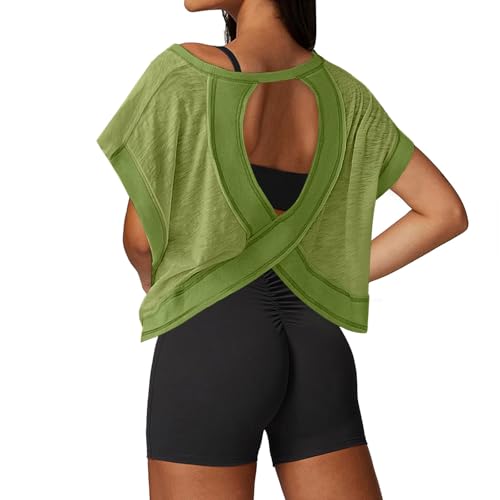 Image of UNIANKIYA Open Back Workout Tops for Women Loose Fit Athletic Crop Tee Short Sleeve Gym Running Yoga Shirt