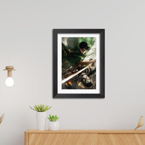 Image of TenorArts Levi Ackerman Posters Attack on Titan Anime Poster Laminated Photo Frame Painting with Matt Finish Black Textures (12inches x 9inches)