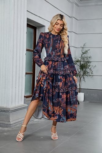 ZAFUL Womens Fall Floral Smocked Maxi Dress Long Puff Sleeve Bohemian Dresses Flowy Tiered Ruffle Wedding Guest Dress2