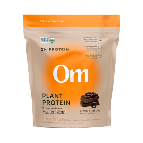 Om Master Blend Vegan Protein Powder, Chocolate, 21g of Plant Protein - Organic Mushroom Supplement with 10 Mushroom Complex, Ashwagandha, BCAAs and Vitamin B12-1.2 lb. (16 Servings)