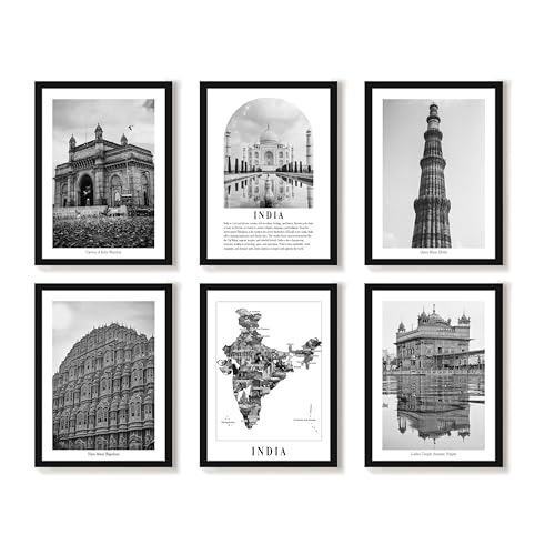 Image of PAINTINGMANTRA Framed Painting A3 Indian Gallery Wall Art Prints Pack of 6, Framed Poster Heritage Wall D cor, Historic Monuments, Vintage Photography, for Living Room Bedroom Decoration (32x44 cm)