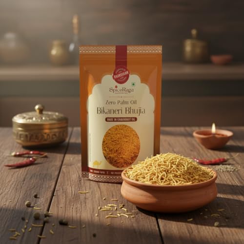 Image of SpiceRaga | Bikaneri Bhujia Pack of 2 | No Palm Oil | Pure Groundnut Oil | No Trans Fat | Crispy & Spicy Teatime Snack | Healthy Namkeen Moti Sev | 100% Natural Ingredients | 400g Each