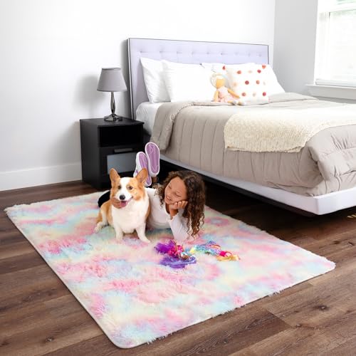 image for Ophanie Rainbow Rug for Bedroom Girls, Unicorn Colorful Fluffy Soft Cu