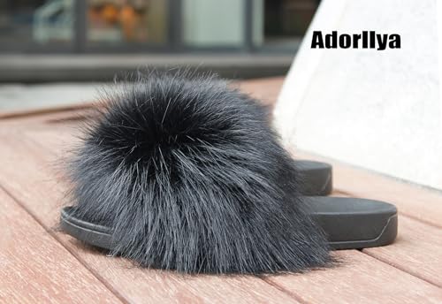 Image of Big Faux Fur Slides, Furry Slippers for Women Fuzzy Fluffy Sandals Shoes