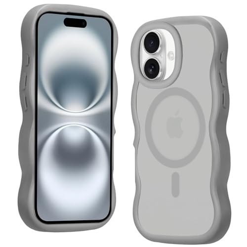 iPhone 16 用 ケース MagSafe対応 ワイヤレス充電 いphone16 カバー 半クリア 耐衝撃 波型 うねうね かわいい 韓国 アイフォン16 スマホケース 半透明 指紋防止 ストラップホール付き おしゃれ ウェーブカバー (グレー)のサムネイル