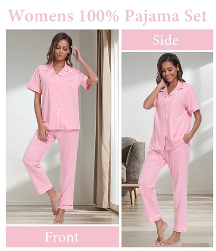 Image of CF Womens 100% Cotton Pajamas Set Button Down Pjs Sets Short Sleeve Top & Long Pants Sleepwear Comfy Loungewear with Pockets