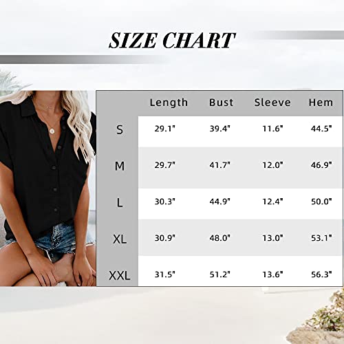 Apraw Womens Casual Short Sleeve Button Down Shirts Summer Cotton Plain Top Blouses With Pockets Black #TOP4