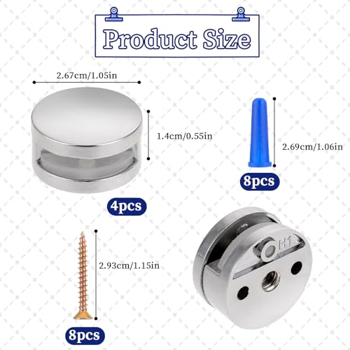 Image of 4Pack Frameless Mirror Mounting Hardware Mirror Glass Clips Mirror Glass Hanging Bracket Mirror Wall Holder Clips Dual-Screw Fixing Mirror Mounting Kit Glass Mounting Round Clips with Screws & Anchors