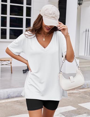 Image of Ekouaer Womens Pajamas 2 Piece Lounge Sets Oversized V Neck T-Shirts Tops Biker Shorts Set Workout Reversible Tracksuit White, XX-Large