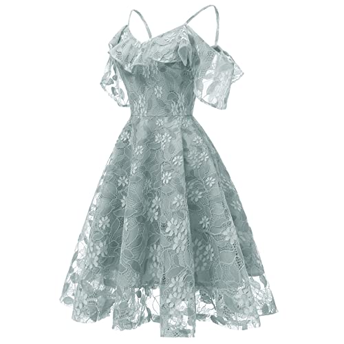 IWEMEK Women Spaghetti Strap Floral Lace Bridesmaid Cocktail Party Dress Cold Shoulder Ruffle Sleeve Wedding Guest Prom Dress2