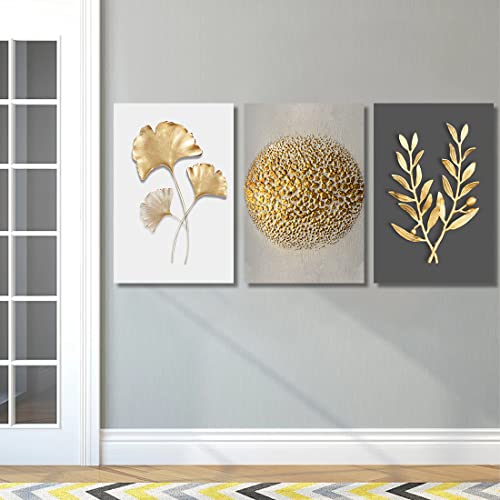 Wowgoomo 3 Piece Modern Gold Botanical Wall Art For Living Room Ginkgo Jujube Leaf Plant Pictures Print On Canvas For Bedroom Bathroom Decor Multipanel Framed Nature Artwork Ready To Hang, 16X24 Inch #TOP6