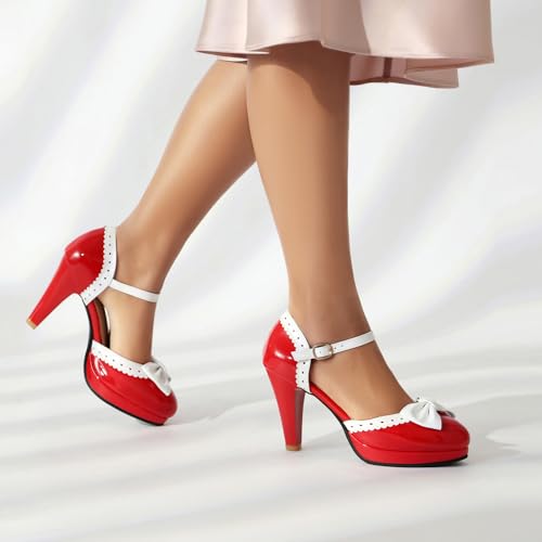 Image of ForeMode Fashion Women T-Strap High Heels Bow Platform Round Toe Pumps Leather Summer Sweet Shoes