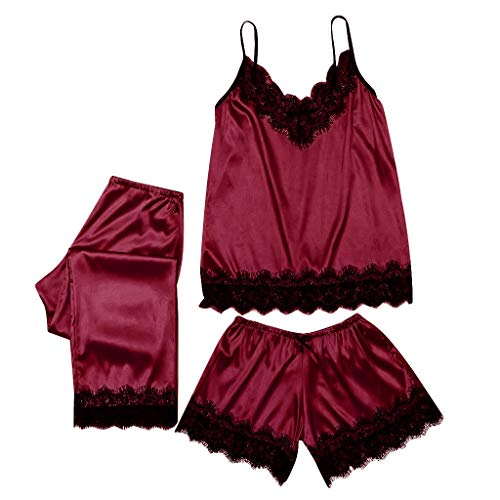 Pyjamas pantalon 3PC satin confortable contre les nuits chaudes lingerie fine bordeaux
