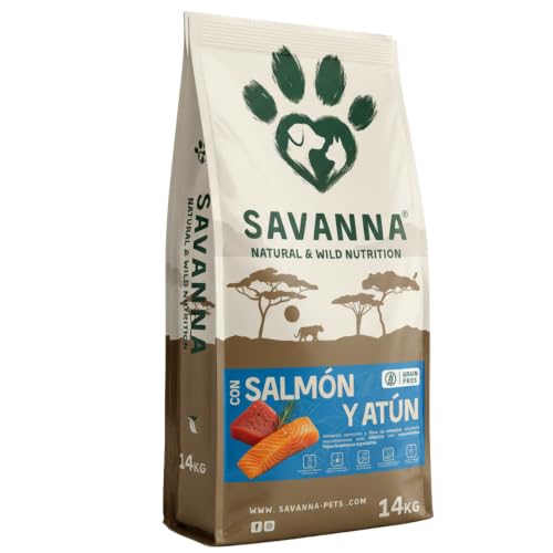 Pienso Hipoalergénico para Perros Adultos con Salmón y Atún, Savanna Hypoallergenic Sin Cereales Grain Free, Piel Sensible y Digestión, Racao Caes Sem Cereais, Todas Las Razas, 14 Kg