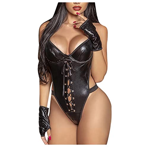 Genérico Conjuntos Sexis de Mujer Lenceria Erótico Disfraz Bodydoll Lencería Sexy Tentación Cuero Vendaje Interior Estampado Íntimos Conjuntos de Lenceria para Mujer Sexy Talla Grande (Black,L)