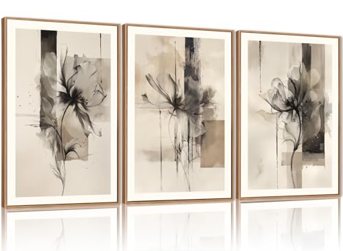 FWIEXA Large Black Beige Floral Canvas Wall Art Set 3, Neutral Abstract Florals Framed Prints, Brushstroke Geometry Line Paintings, 24x36In Watercolor Ink Artwork Poster for Farmhouse, Living Room, Bedroom, Office