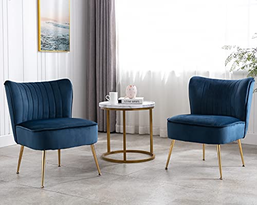 CIMOTA Accent Chair Set of 2, Velvet Armless Living Room Chairs with Golden Legs, Slipper Wingback Sofa Chair, Thickly Padded Side Chair for Bedroom/Guest/Room, Navy Blue