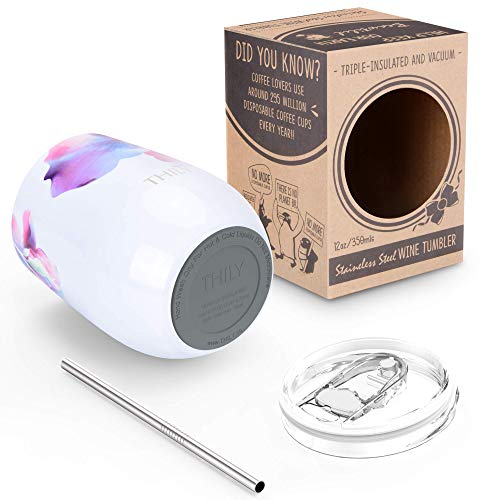 Thily Stainless Steel Insulated Wine Tumbler Stemless Wine Glass With Lid And Straw, Splash-Proof, Cute Travel Cup For Coffee, Cocktails, Christmas Gift For Women, Mother, Wife, Girls, Pink Lilies #TOP3